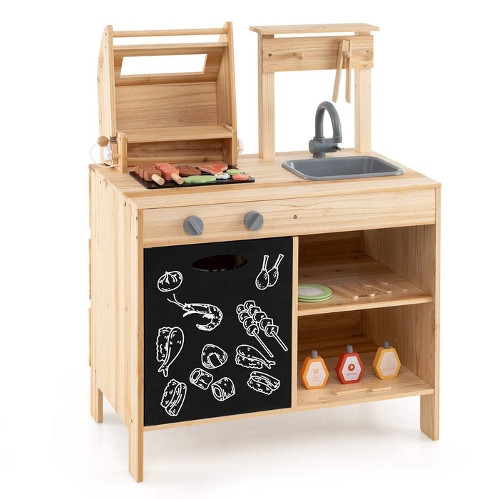 Wooden Barbecue Grill Playset, Pretend Play Kitchen Set with Play Food, Grilling Tools & Accessories
