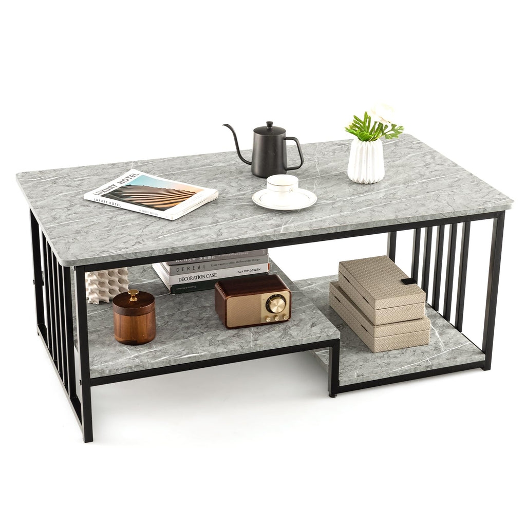 Giantex Faux Marble Coffee Table, Rectangular 2-Tier Center Table with ...