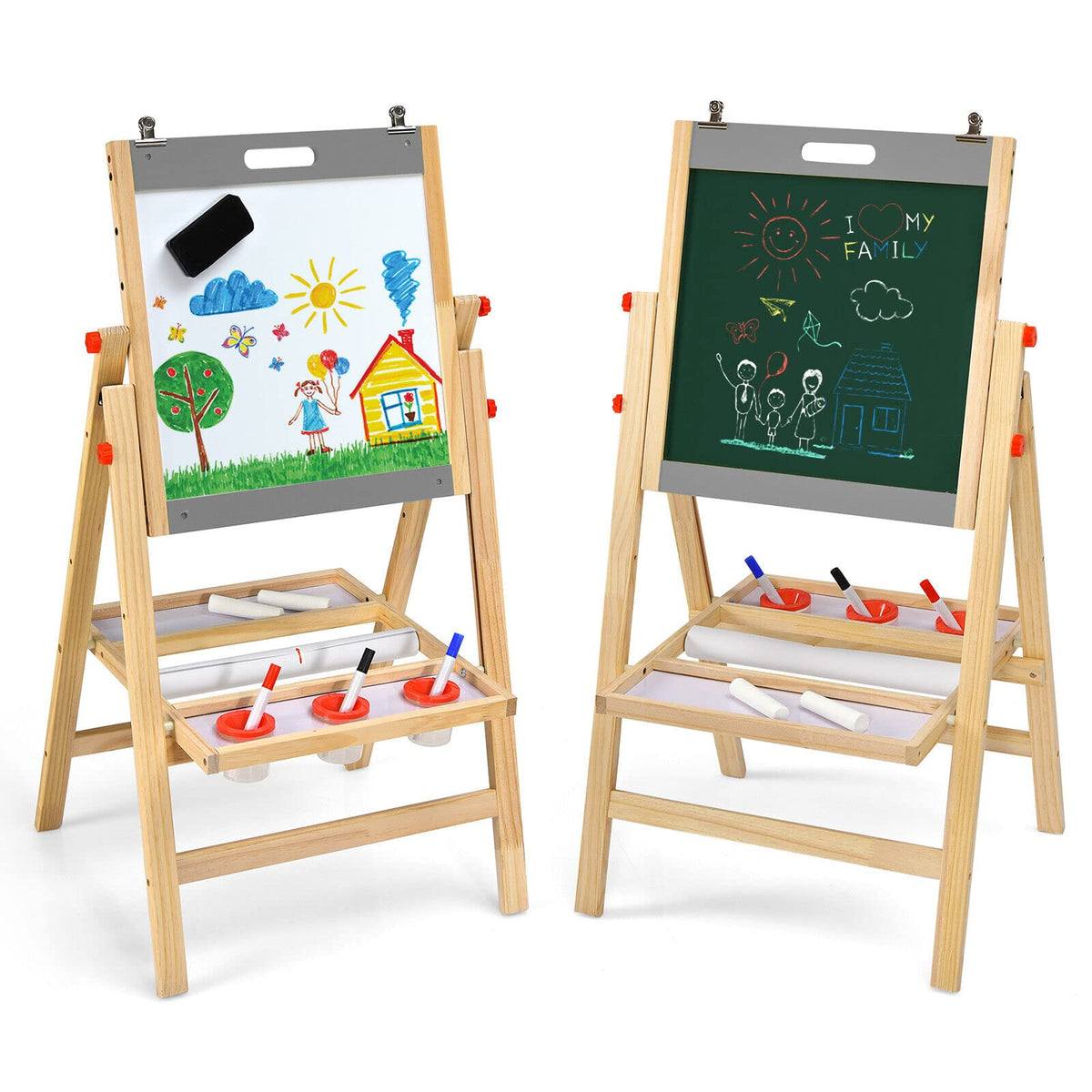 3-In-1 Foldable Kids Easel with Adjustable Height and Chalks Pens