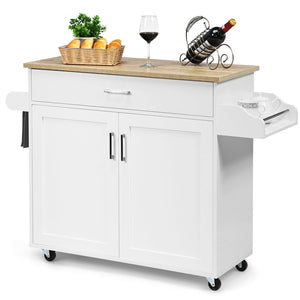 Giantex Wooden Rolling Kitchen Island, Storage Cart Trolley w/ Adjustable Shelf, Spice Storage Sgelf, Towel Rack & Drawer