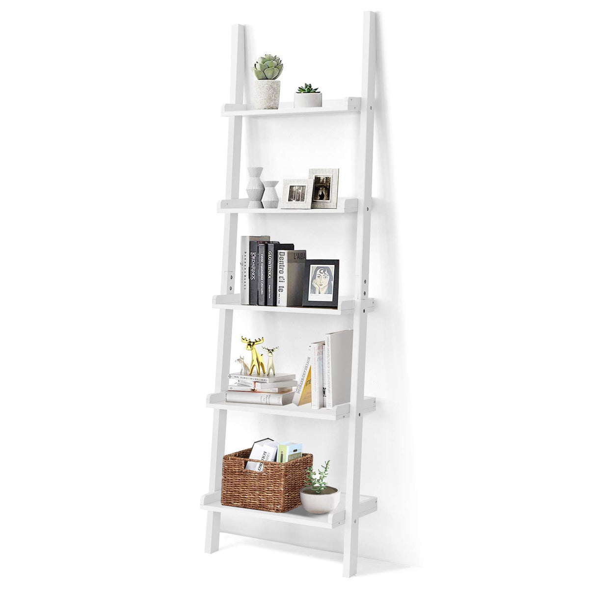 Giantex 5-Tier Ladder Shelf, Wall-Leaning Bookshelf, Sloping Plant Flower Stand