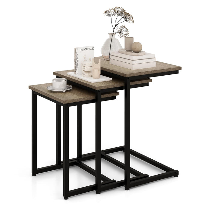 Giantex Nesting End Table Set of 3, Rectangle Stacking Side Table with Wooden Top & Sturdy Metal Legs