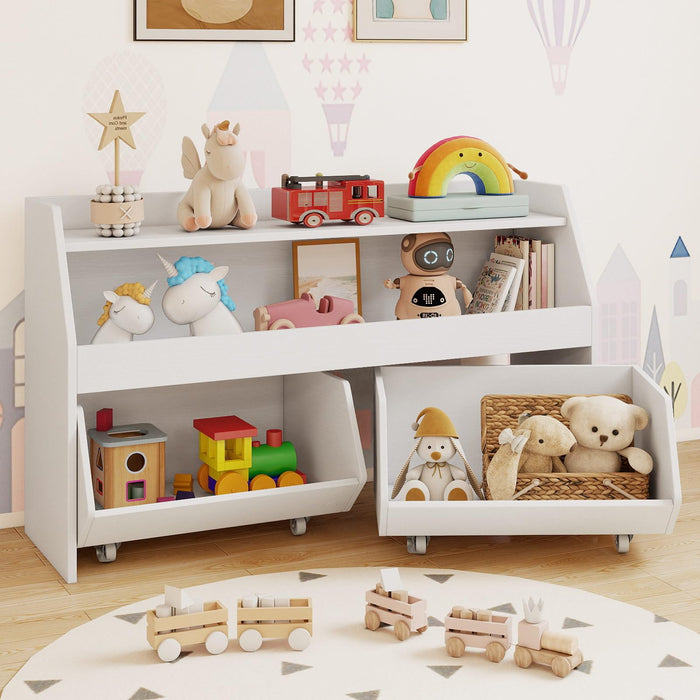 Kids Toy Storage Box, Children Wooden Bookcase with 2 Movable Drawers