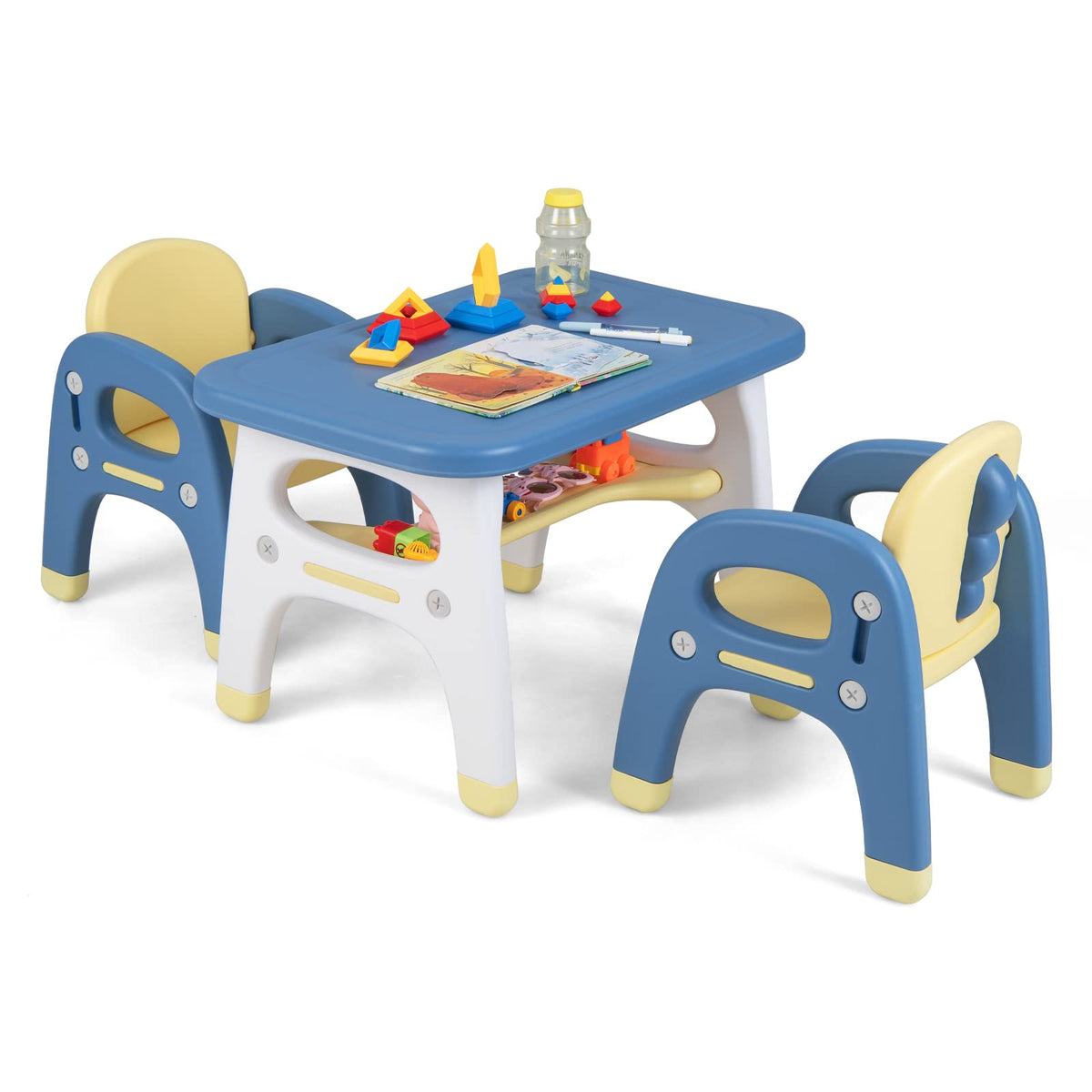 Kids Table and Chairs Set, 3-Piece Activity Table Set for Children w/Curved Storage Shelf for Arts