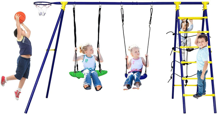 5-in-1 Outdoor Backyard Kids Swing Set with A-Shaped Metal Frame