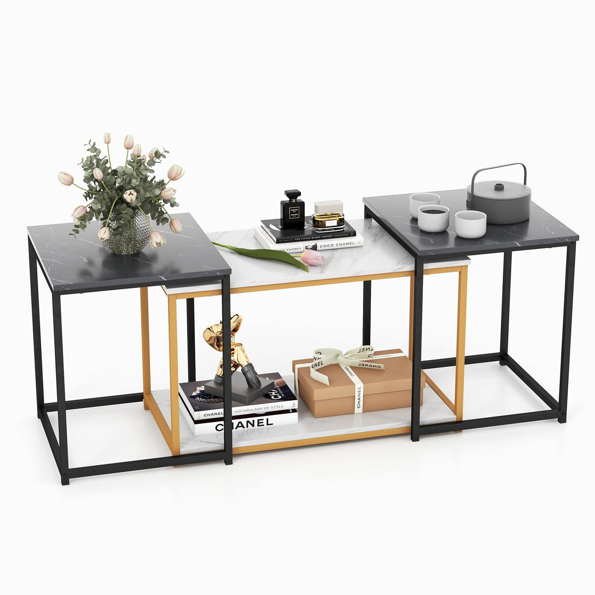 Giantex Nesting Coffee Table Set of 3, 3-Piece End Table with Faux Marble Top