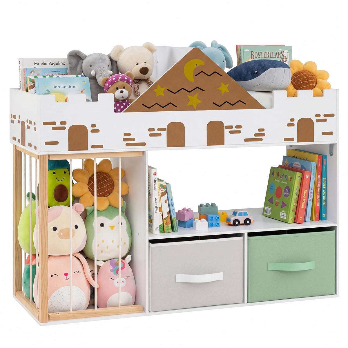 Kids Bookshelf with Stuffed Animal Storage and Fabric Drawers