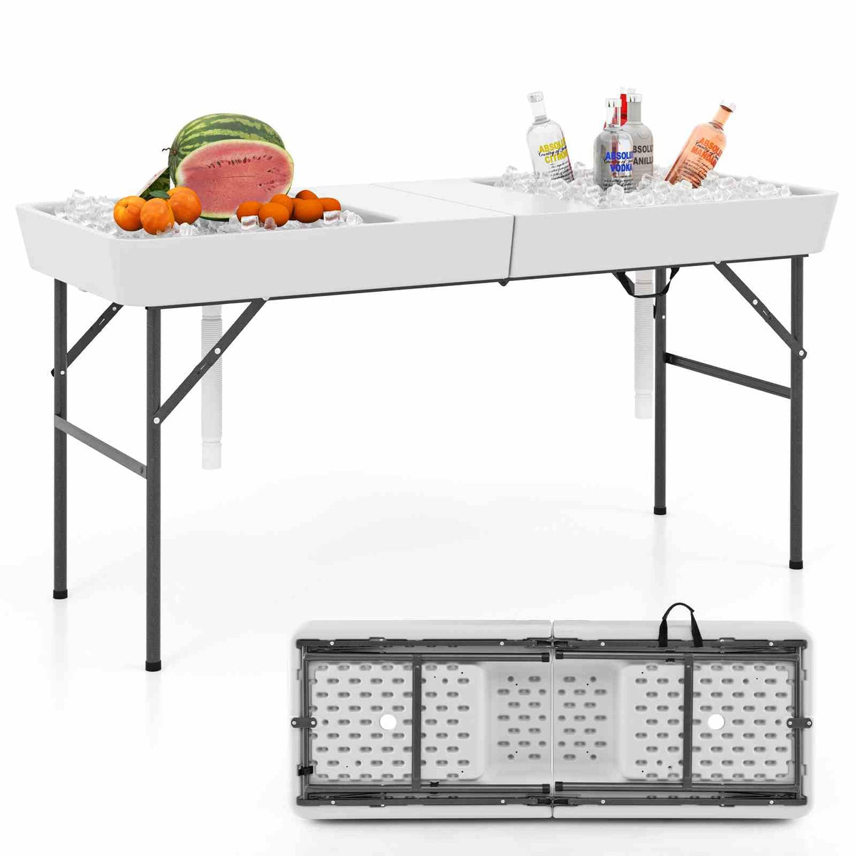 1.5M Folding Ice Cooler Table, Outdoor Chilling Table w/Double Sinks