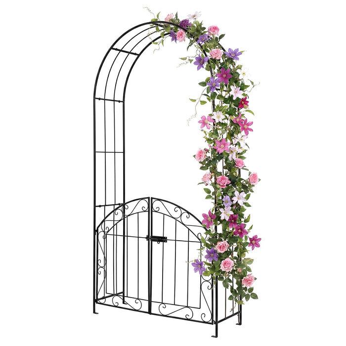 200 cm Garden Arch with Gate, Heavy-Duty Metal Arbor Trellis for Climbing Plants