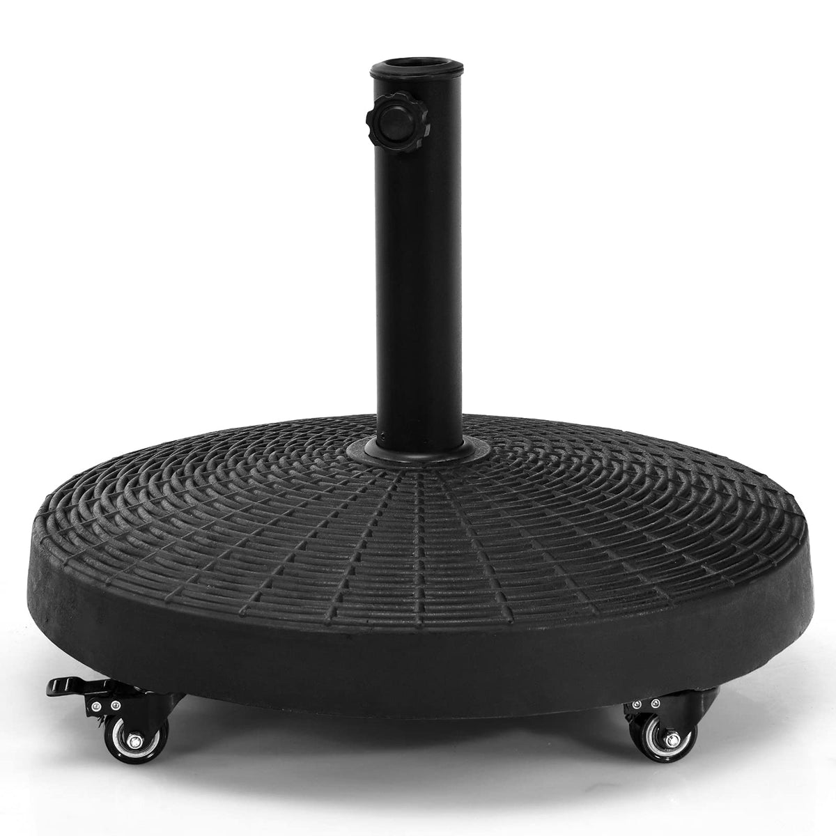 24kg Round Resin Umbrella Base, Rattan Designed Outdoor Umbrella Stand W/Lockable Wheels