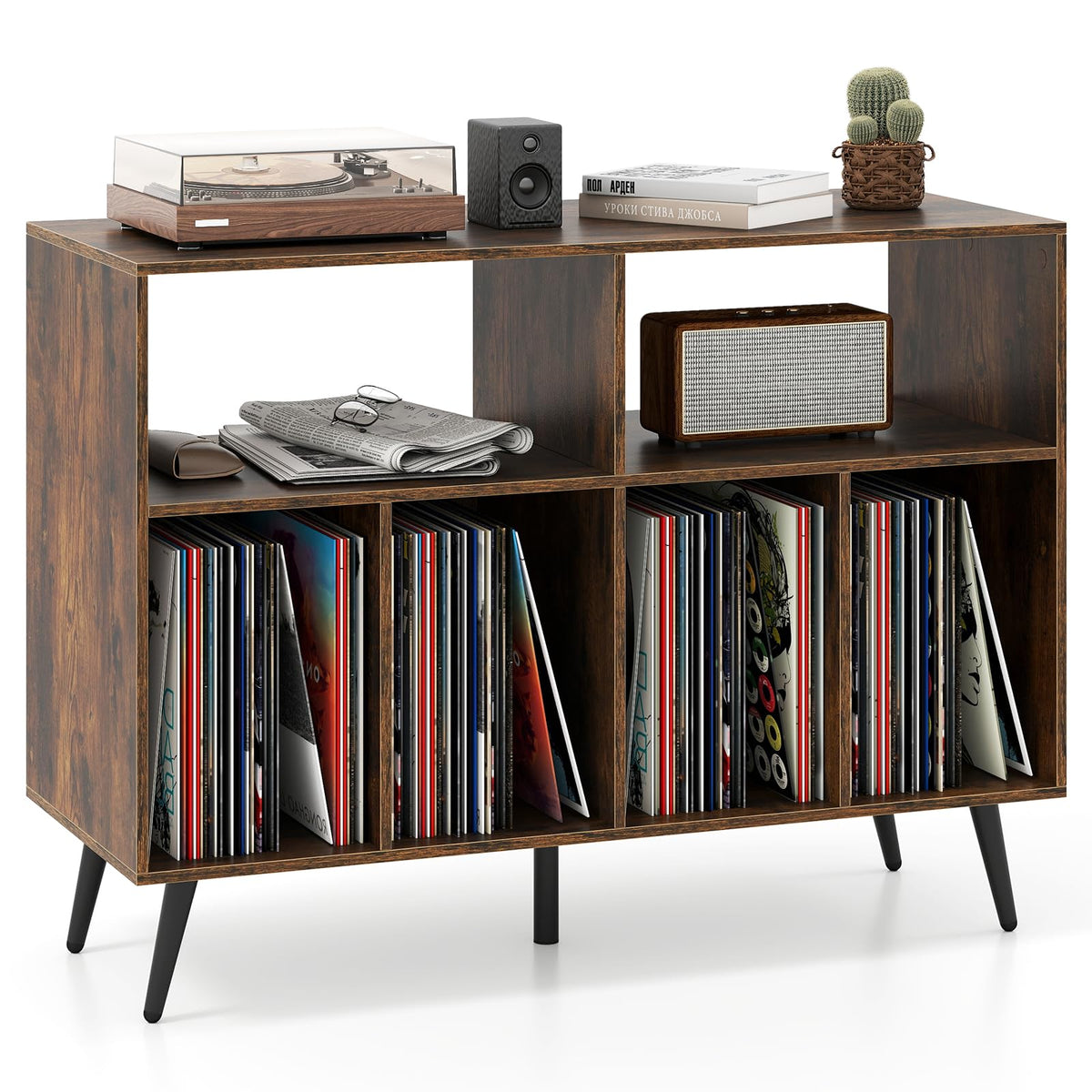 3-Tier Record Player Stand with Vinyl Storage Shelves and 5 Metal Legs for Living Room