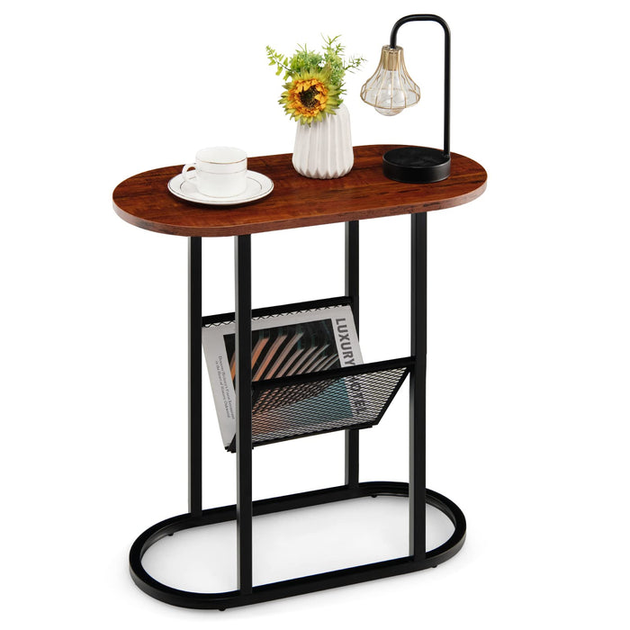 Giantex Industrial Side Table, 2-Tier End Table w/Mesh Shelf, Floor Coffee Table w/Heavy-Duty Steel Frame, Rustic Brown