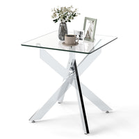 Glass Side Table with Tempered Glass Top and Metal X Base for Living Room and Bedroom