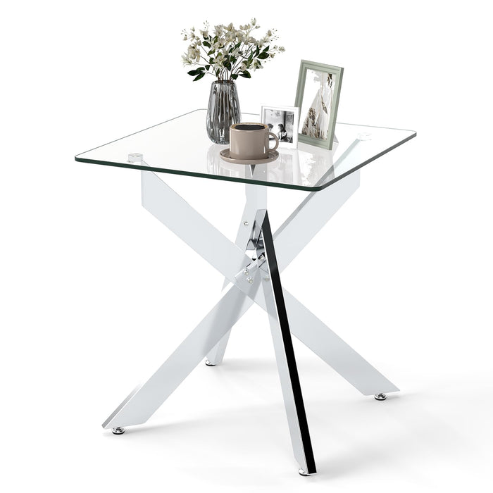 Glass Side Table with Tempered Glass Top and Metal X Base for Living Room and Bedroom