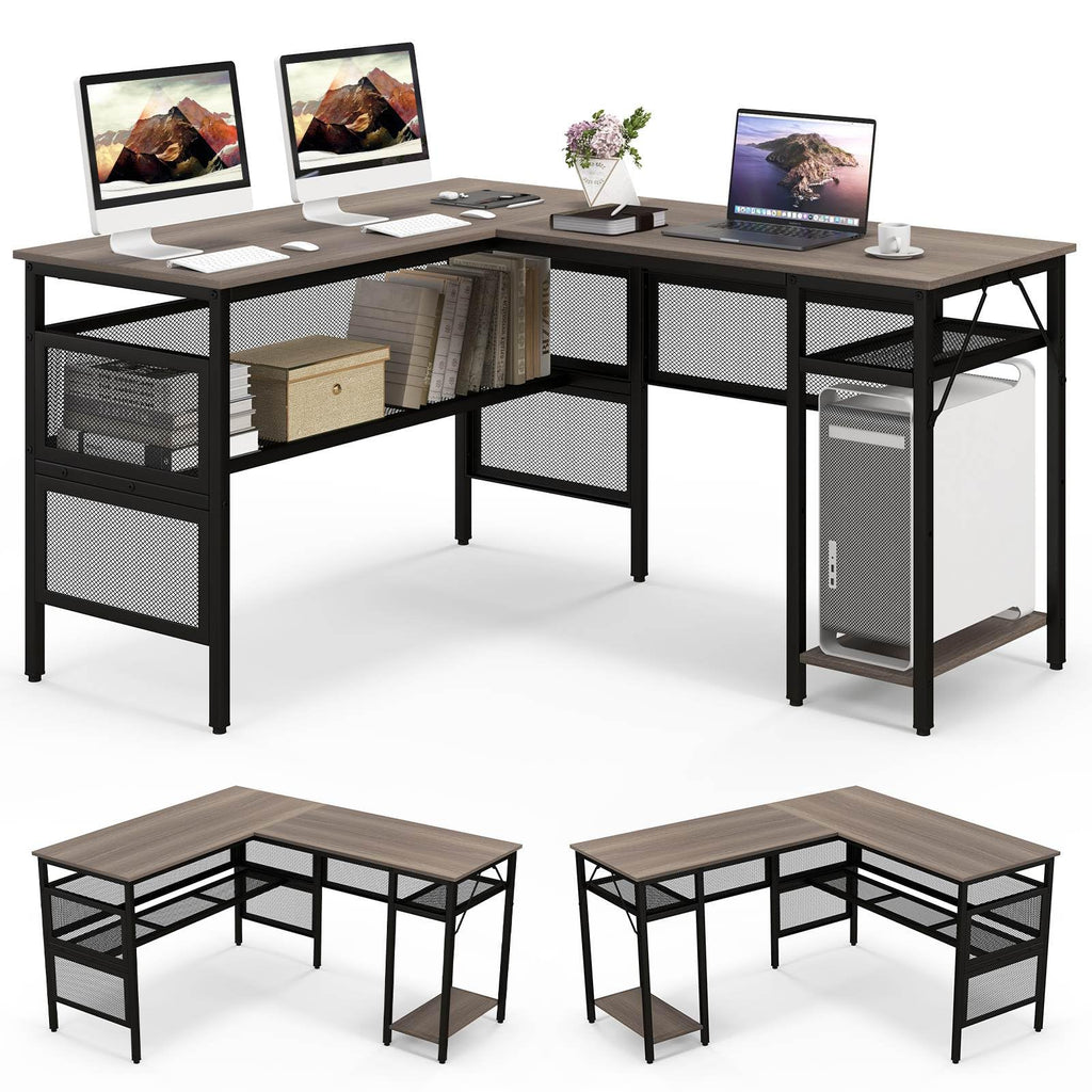 Computer Inversion Desk Reversible L-Shaped Computer Desk with Adjustable Shelf and CPU Stand ...