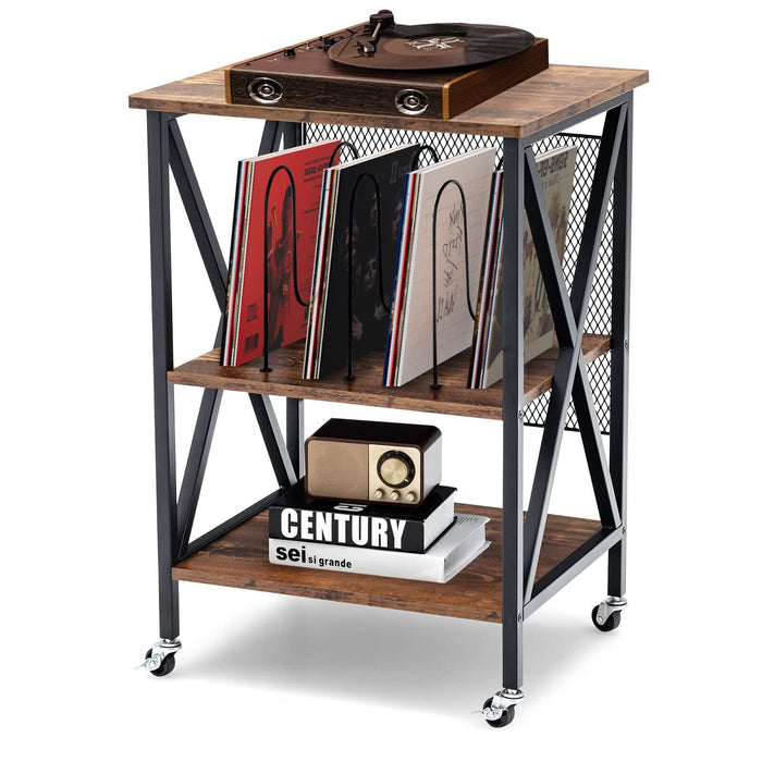 Giantex 3-Tier End Table, Rolling Turntable Stand, Rustic Vinyl Record Storage Holder w/ 3 Dividers for Albums
