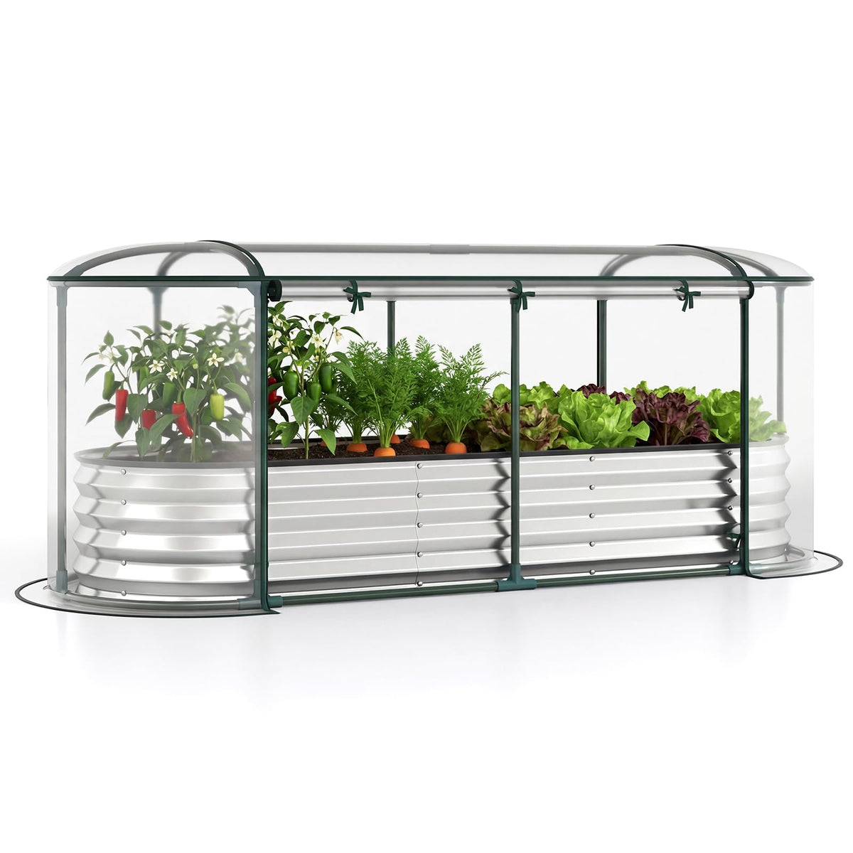 Galvanised Raised Garden Bed with Greenhouse Cover and Roll-up Window