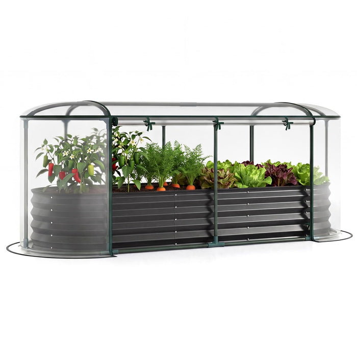 Galvanised Raised Garden Bed with Greenhouse Cover and Roll-up Window