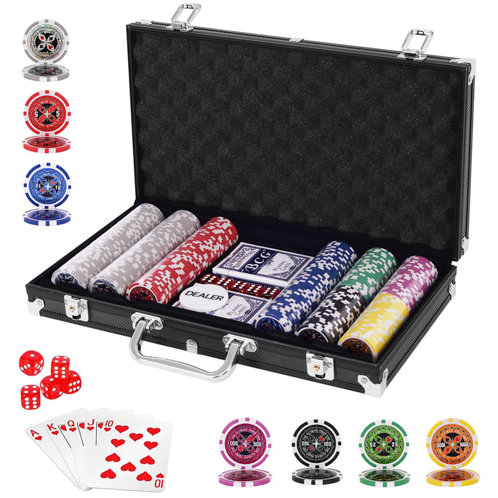 300 Pieces Casino Poker Chip Set with Aluminum Case for Party & Game