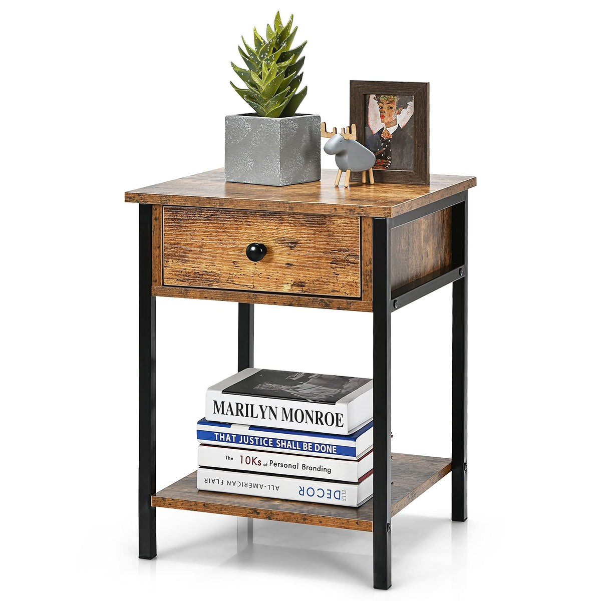 Nightstand End Table, 2-Tier Bedside Table w/Open Shelf & Drawer, Metal Frame, Rustic Brown, 40x40x54cm