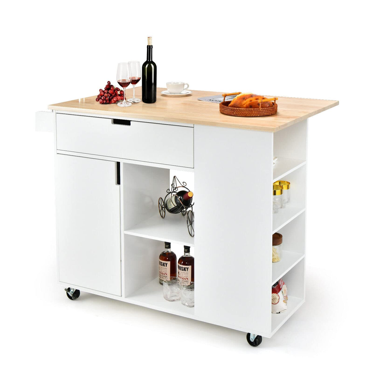 Giantex Kitchen Island Cart, Large Trolley Cart w/ Drop-Leaf Tabletop, Large Cabinet, 3 Drawers