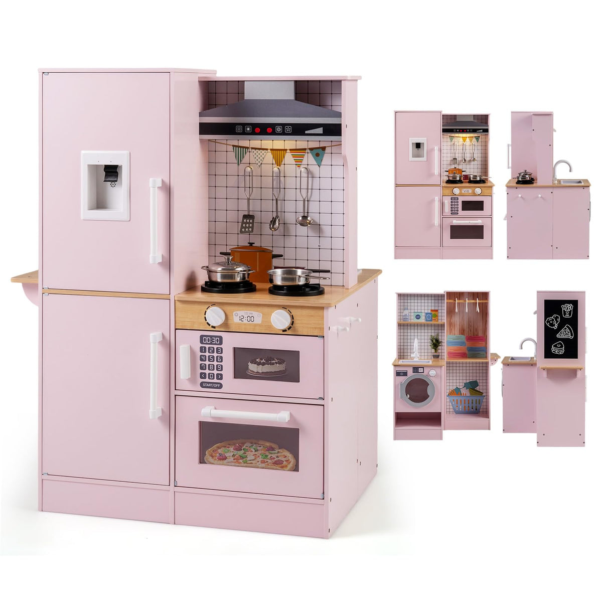 Dual-Sided Kids Play Kitchen, Wooden Kitchen Playset w/Water Dispenser