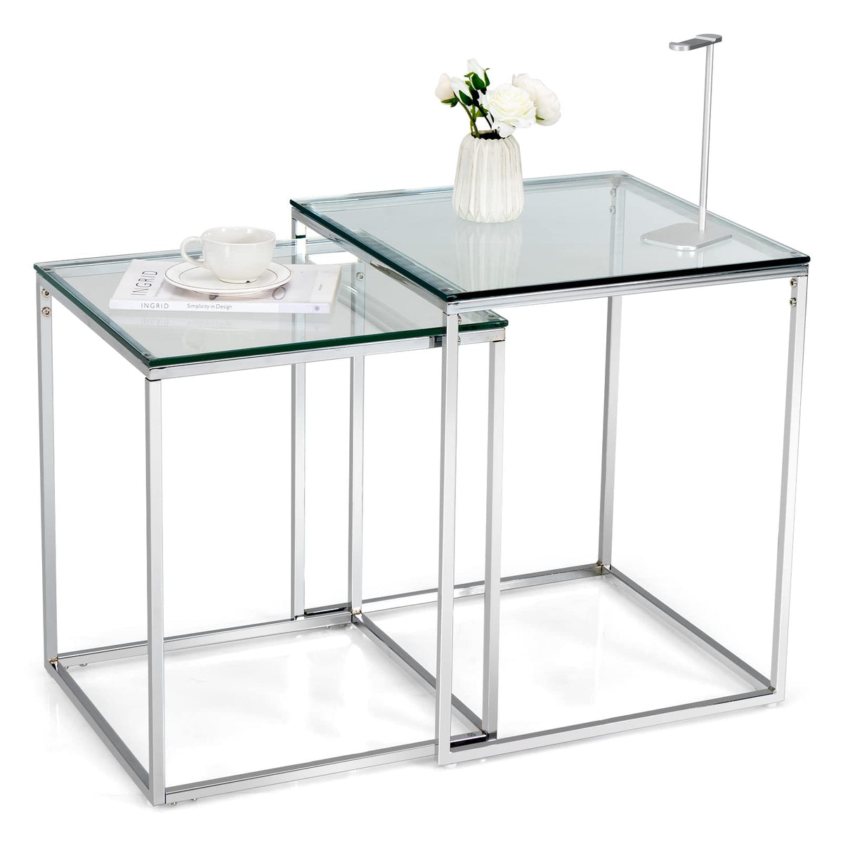 Giantex Nesting Glass Coffee Table Set of 2, Modern Home Coffee Table Set with Tempered Glass Top & Metal Frame