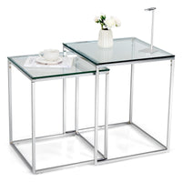 Giantex Nesting Glass Coffee Table Set of 2, Modern Home Coffee Table Set with Tempered Glass Top & Metal Frame