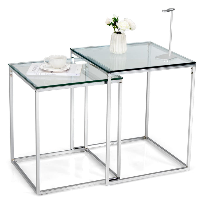Giantex Nesting Glass Coffee Table Set of 2, Modern Home Coffee Table Set with Tempered Glass Top & Metal Frame