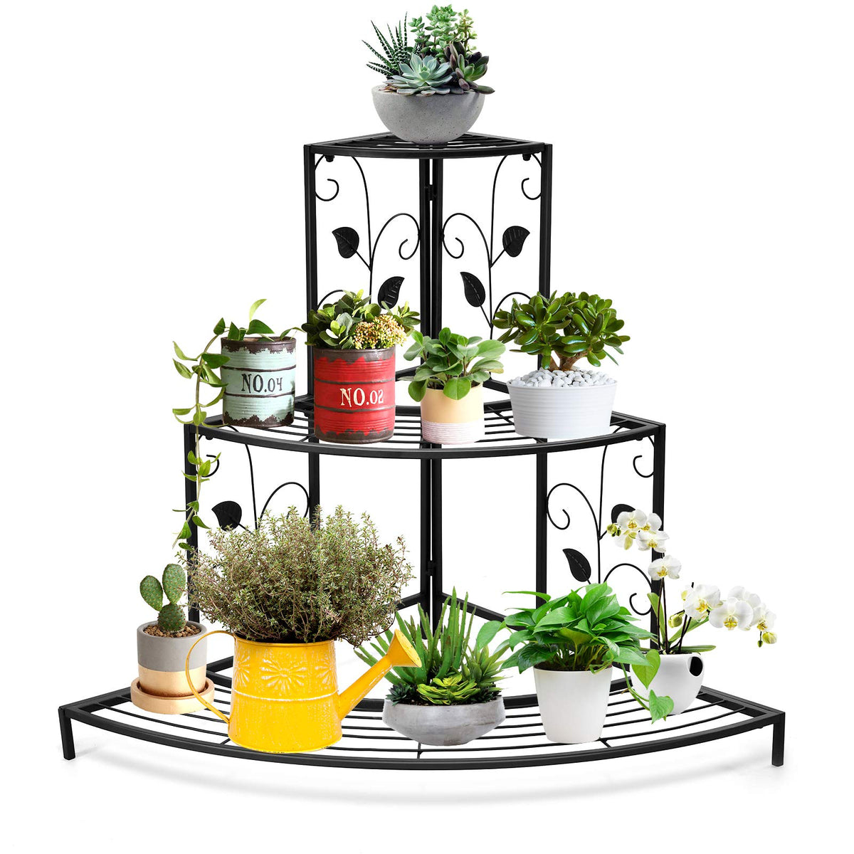 Black Floral Design Metal Step Style 3 Tier Planters Display Stand Corner Shelf Flower Pots