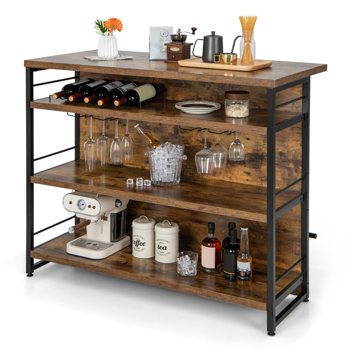 Giantex Industrial Home Bar Unit, 4-Tier Liquor Bar Cabinet w/ 3 Open Shelves