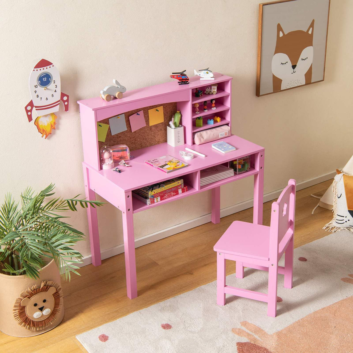Kids Desk and Chair Set with Hutch and Cork Bulletin Board