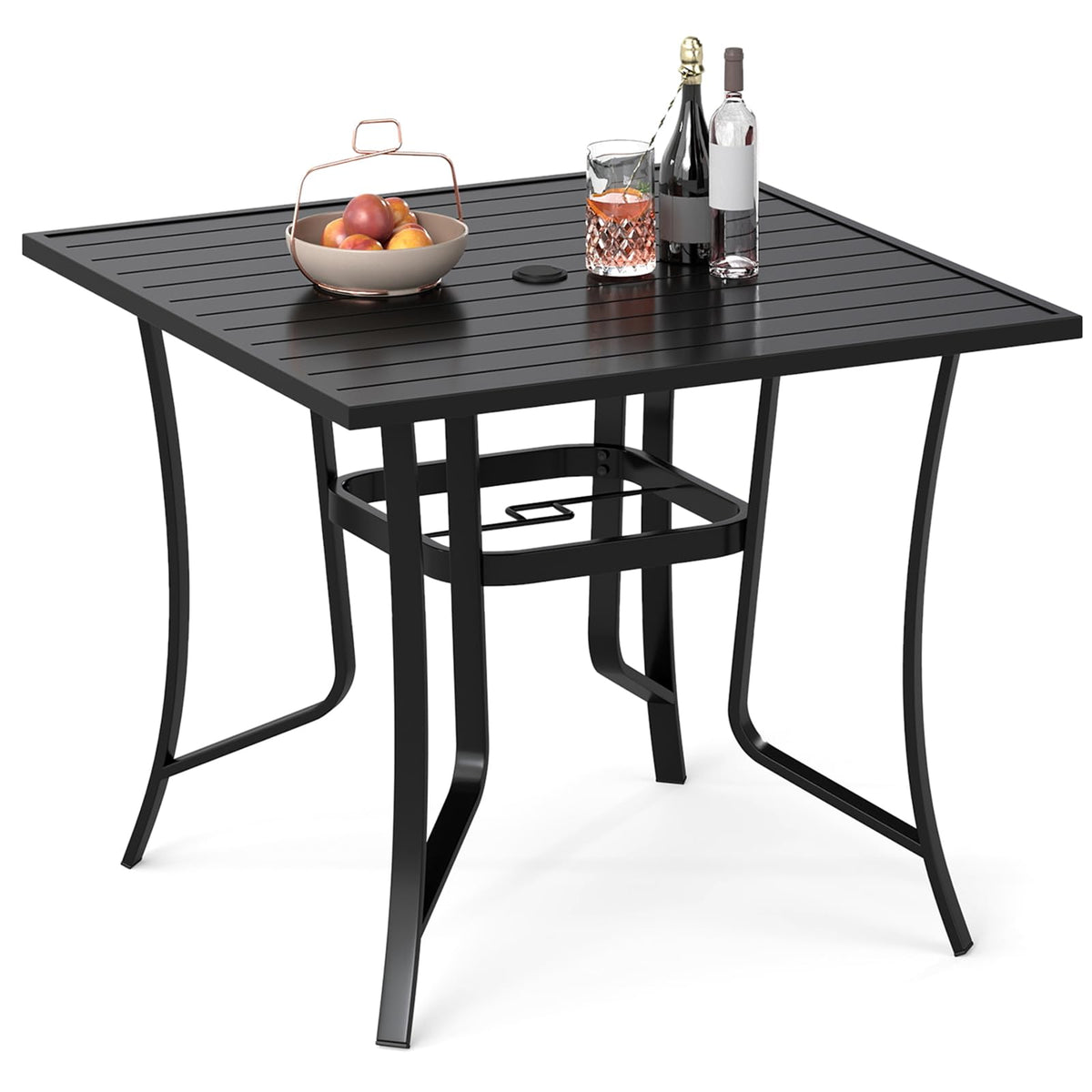 Square Patio Table for 4, 91 cm Square Metal Slat Table with 4-6 cm Adjustable Umbrella Hole