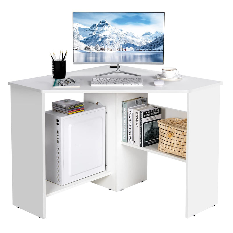 Compact Corner Desk, Corner Study Working Table, Space-Saving, w/ Bookshelves & Cable Hole & Host Storage Shelf (White)