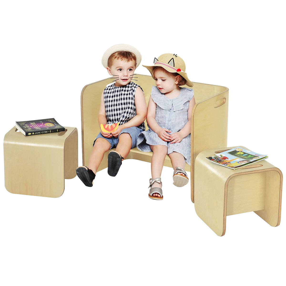 Kids Table and Chair Set, 3 Pieces Wooden Activity Table Bench w/Storage Shelves