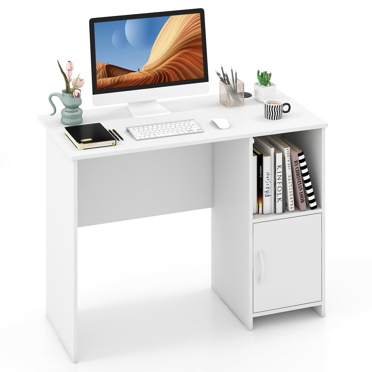 Modern Computer Desk with Cabinet, Writing Study Desk with Cable Holes & Open Shelf