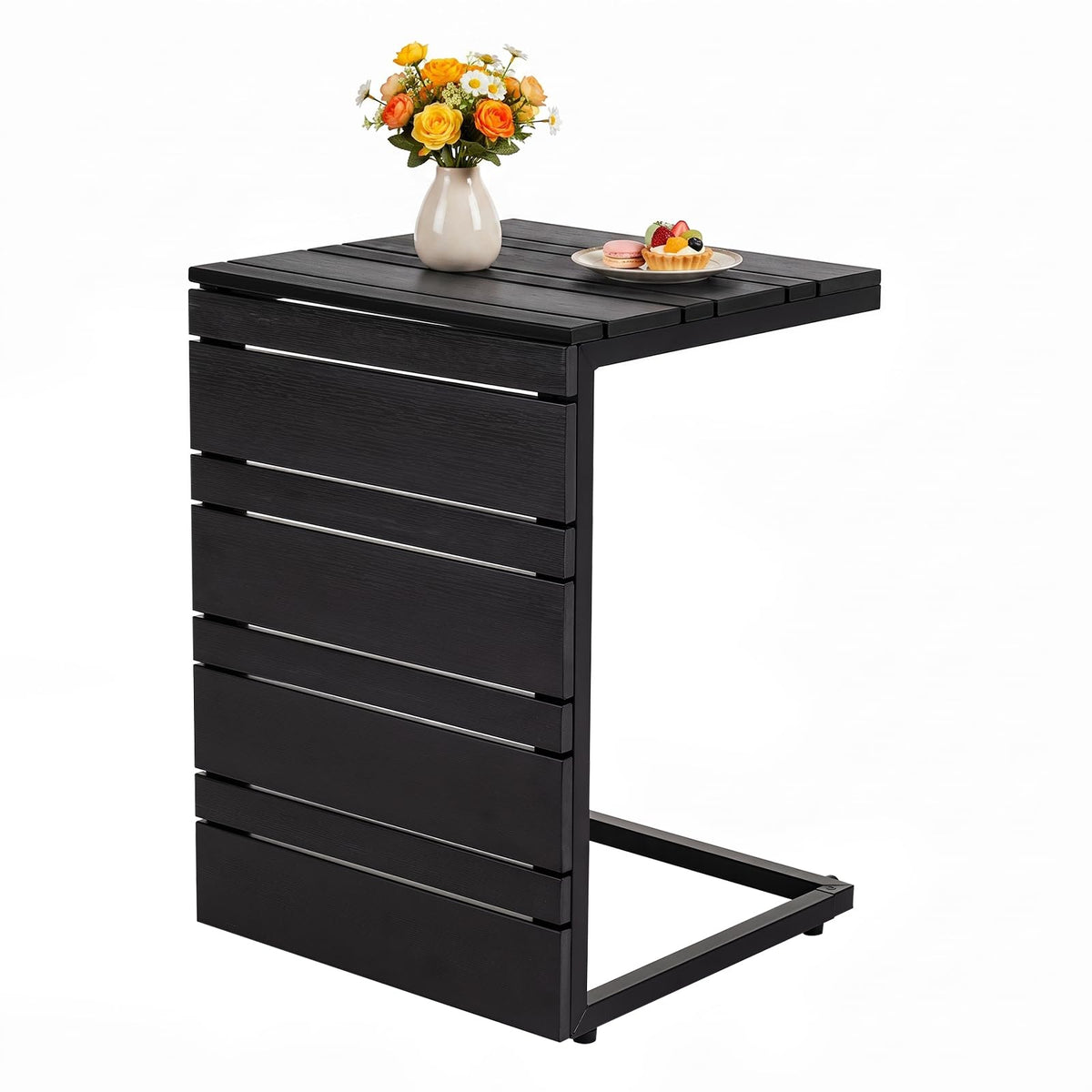 Outdoor C-Shaped Side Table w/Wood Plastic Tabletop