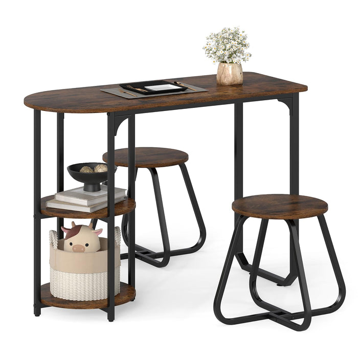 3-Piece Dining Table Set Rectangular Kitchen Table and 2 Stools with 2-tier Storage Shelves