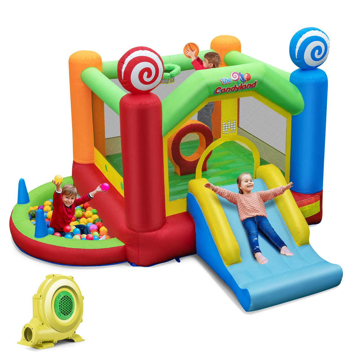 Kids Inflatable Bounce House, Candy Theme Jumping Castle w/Jumping Area with 680W Blower