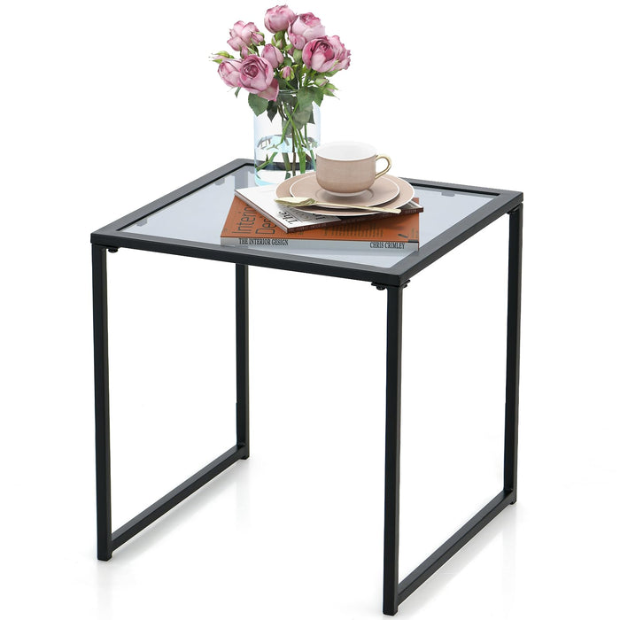 Patio Tempered Glass End Table with Metal Frame for Poolside