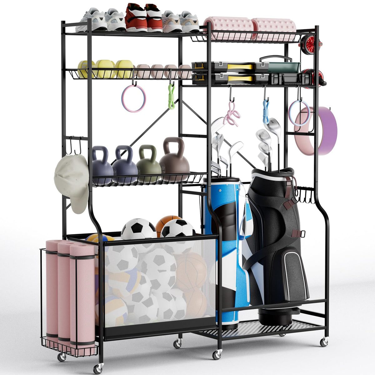 Sports Equipment Organizer for Garage, Metal Ball Storage Rack, Golf Bag Holder with Yoga Mat Holder