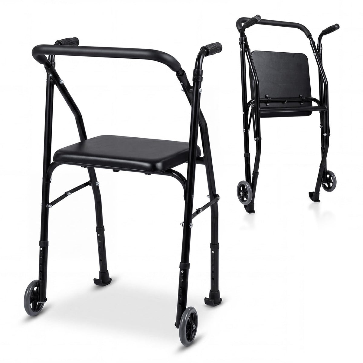 Folding Walker Lightweight Aluminum with 2 Wheels and Padded Seat for Seniors