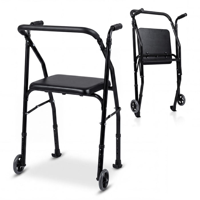 Folding Walker Lightweight Aluminum with 2 Wheels and Padded Seat for Seniors