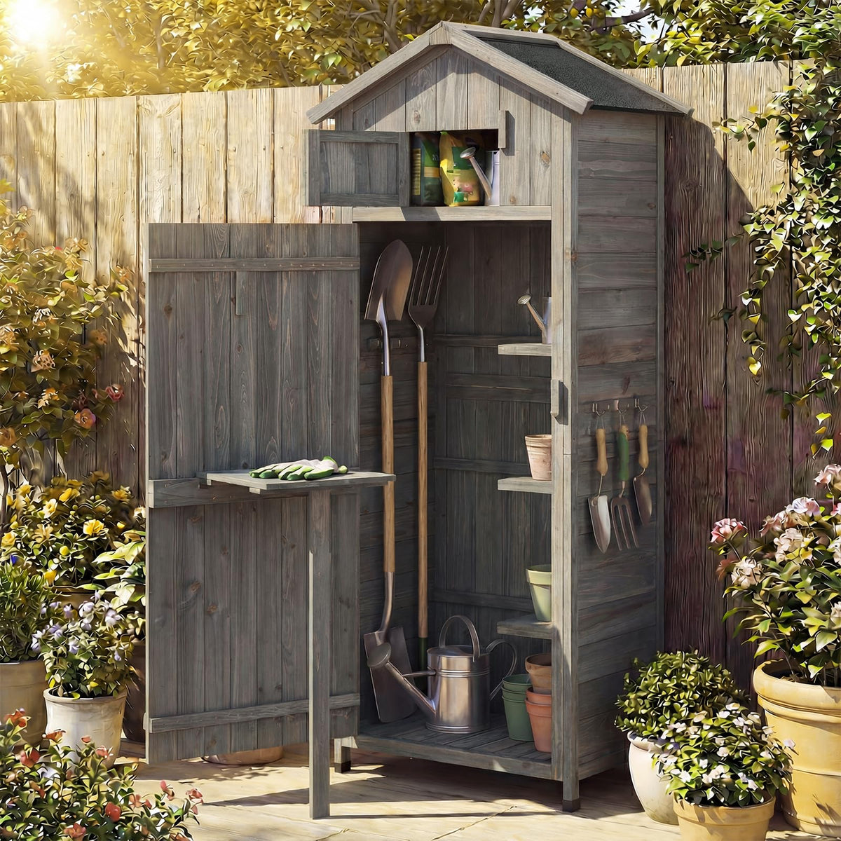Wood Garden Storage Shed with Lockable Barn Door and Removable Shelves for Outdoor