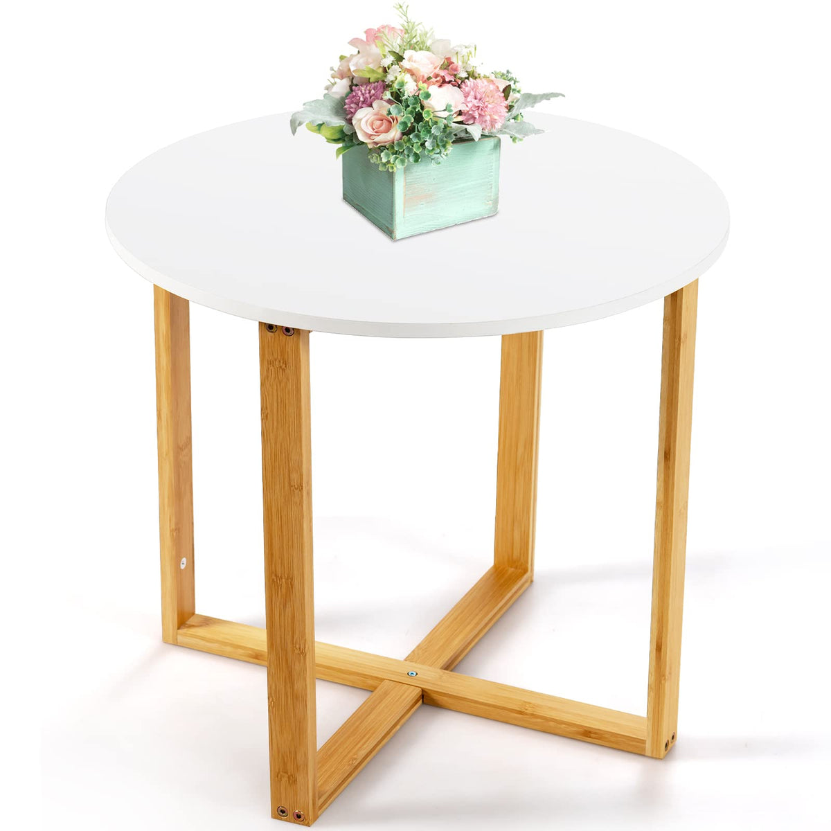 End Side Table, Round Coffee Table, Bedside Sofa End Table w/Bamboo Legs, Waterproof Surface, Wooden Nighstand