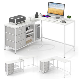 Giantex L-Shaped Computer Desk with Power Outlet, Convertible Corner Desk with 3 Fabric Drawers & Metal Mesh Shelves