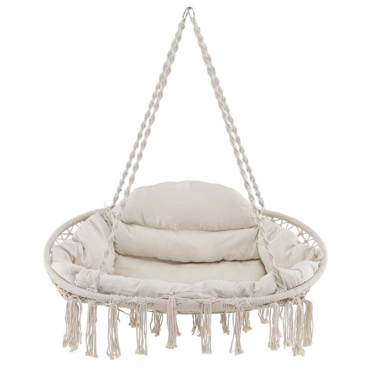 Hand-Woven Rope Hanging Swing Chair with Thick Cushion and Folding Metal Frame
