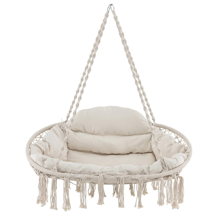Hand-Woven Rope Hanging Swing Chair with Thick Cushion and Folding Metal Frame