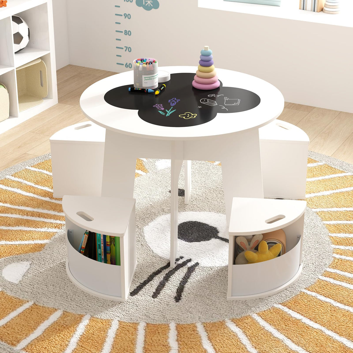 5 PCS Kids Table and Chair Set with 4 Storage Stools and Blackboard