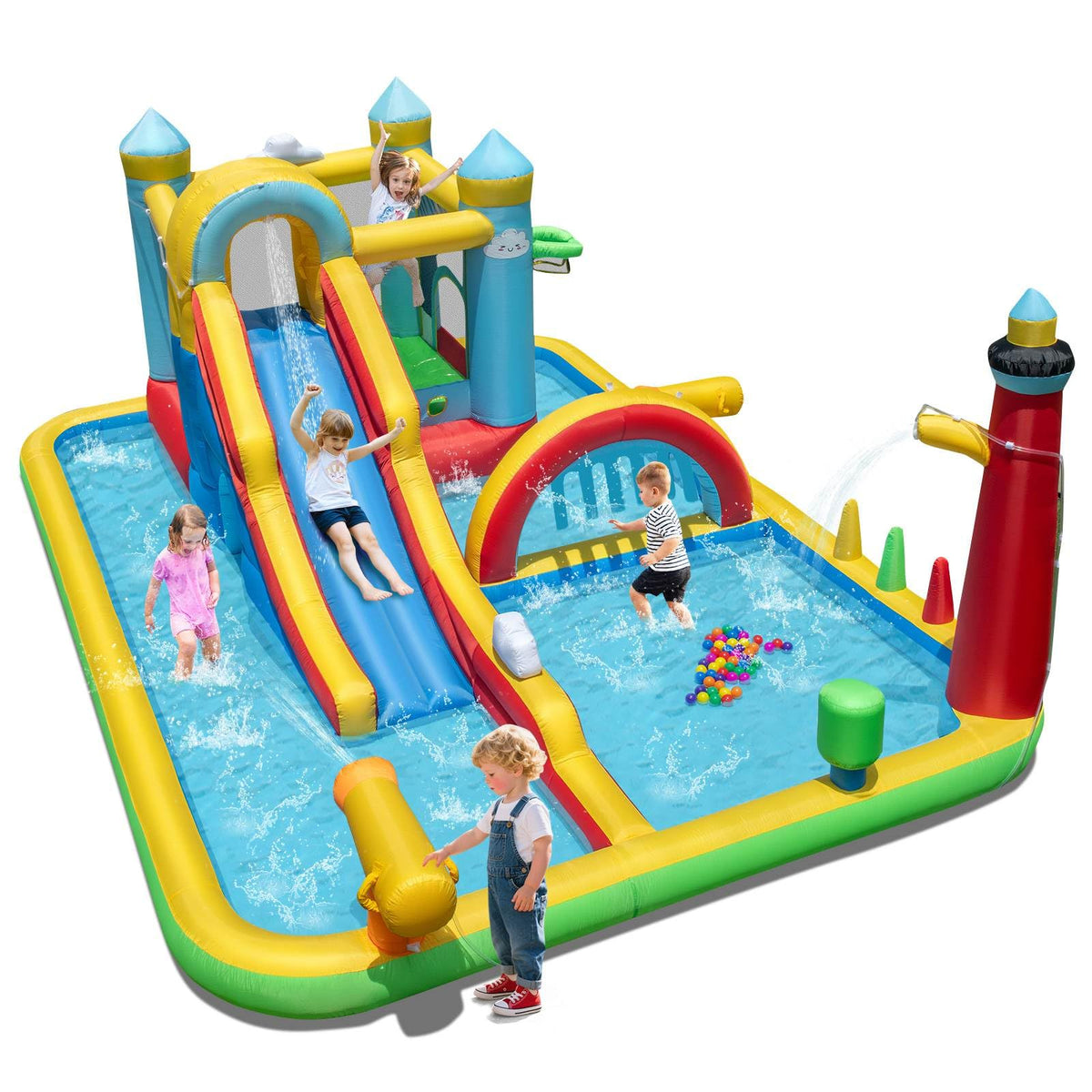 Inflatable Water Slide, Giant Water Park w/ Long Slide, Jumping Area, Climbing Wall, Splash Pools